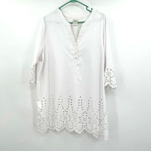 Blair size XL white v neck dress‎ large eyelet detail at cuffs and lower hem